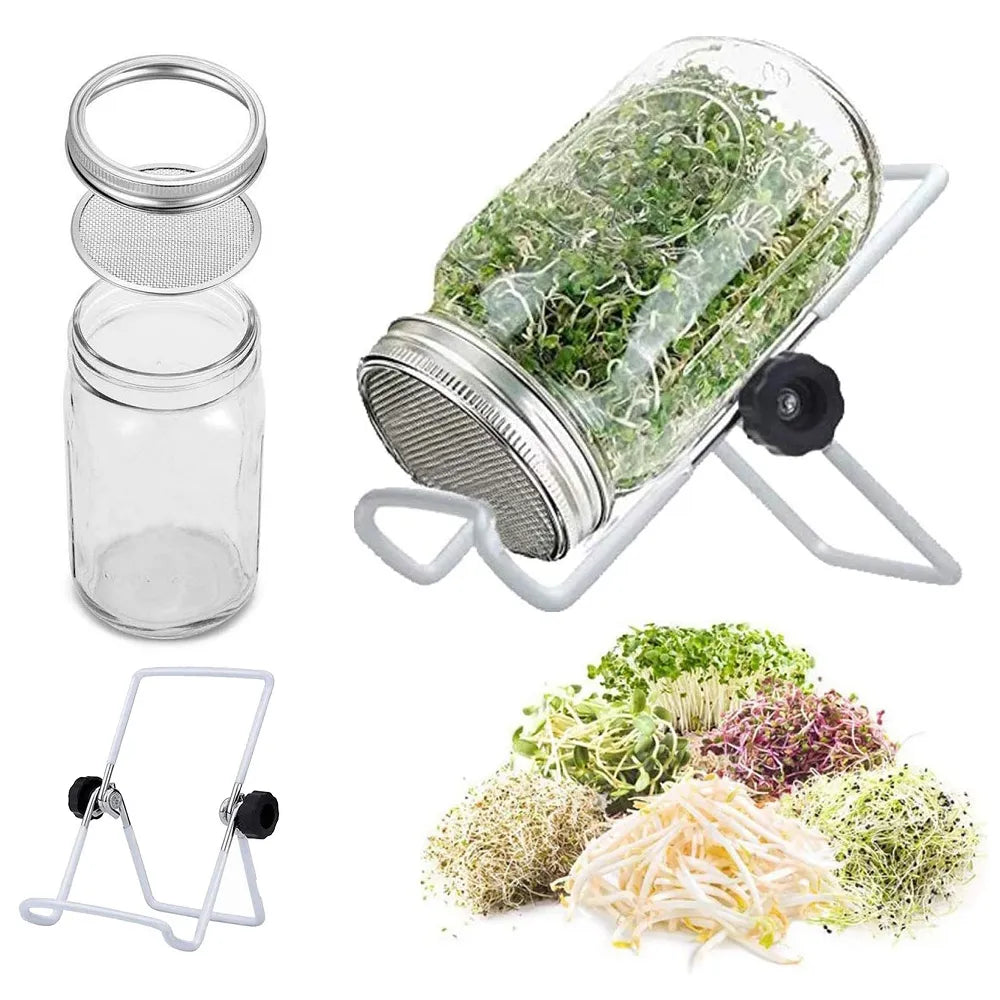 1Set Seed Sprouter Germination Cover Kit Sprouting Mason Jars with Stainless Steel Strainer Lids Stainless Steel Germinator Stan
