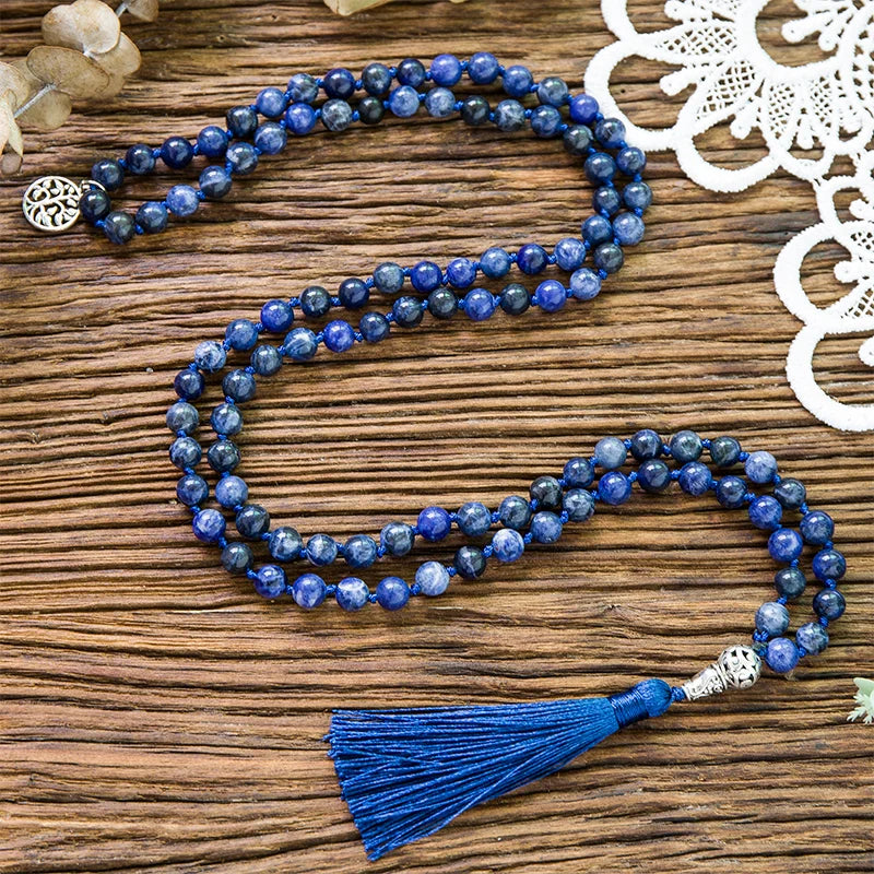 108 Mala Natural Sodalite Lapis Lazuli Handmade Beaded Knot Meditation Yoga Anniversary Big Buddha Head Tassel Long Necklace