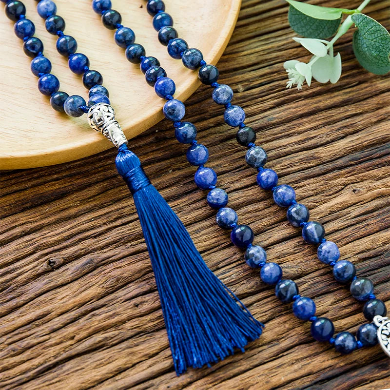 108 Mala Natural Sodalite Lapis Lazuli Handmade Beaded Knot Meditation Yoga Anniversary Big Buddha Head Tassel Long Necklace