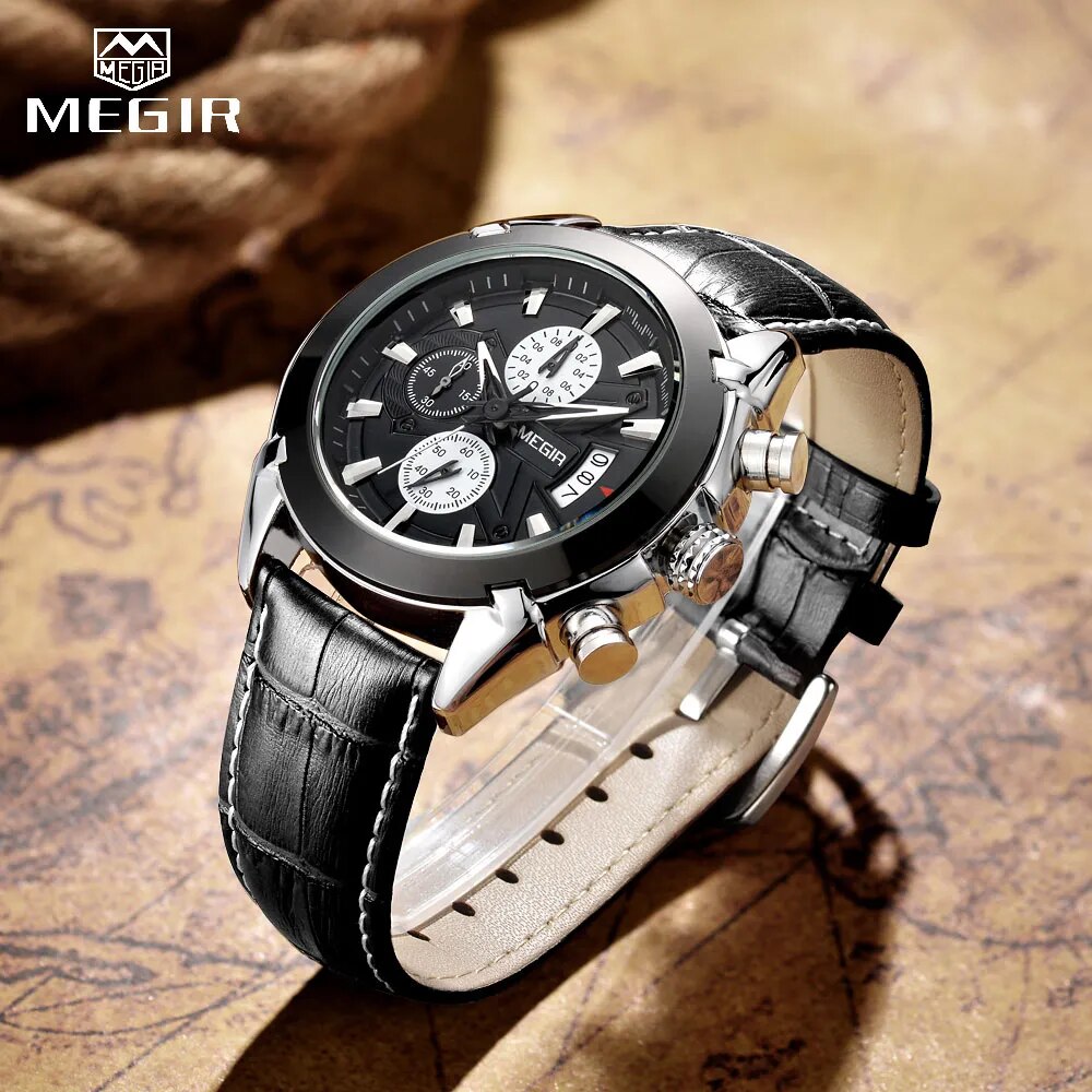MEGIR Genuine Black Genuine Leather Watches Men Luxury Brand Quartz Watch racing men Students Game Run Chronograph Wristwatches