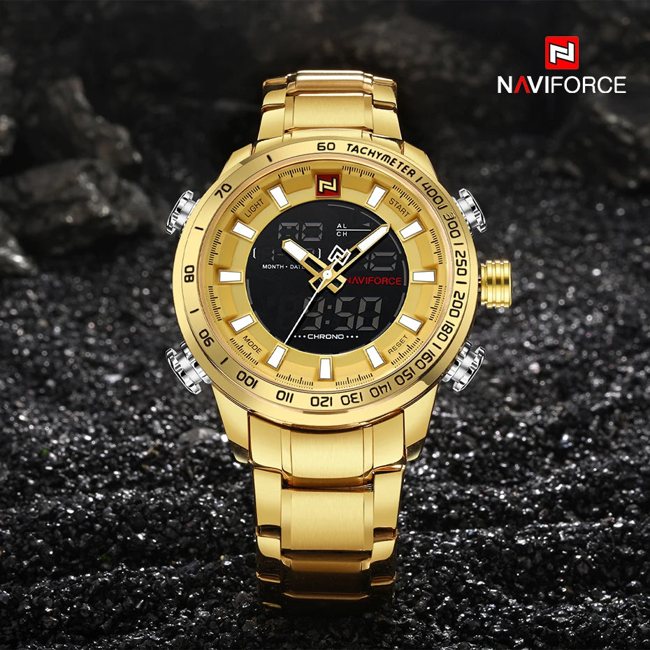 NAVIFORCE Luxury Brand Mens Sport Watch Gold Quartz Led Clock Men Waterproof Wrist Watch Male Military Watches Relogio Masculino