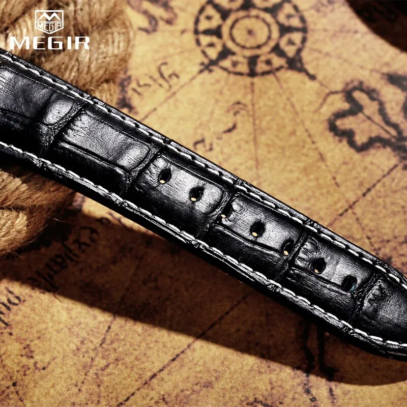 MEGIR Genuine Black Genuine Leather Watches Men Luxury Brand Quartz Watch racing men Students Game Run Chronograph Wristwatches