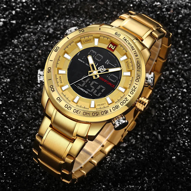 NAVIFORCE Luxury Brand Mens Sport Watch Gold Quartz Led Clock Men Waterproof Wrist Watch Male Military Watches Relogio Masculino