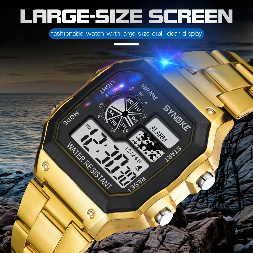 SYNOKE Digital Watch Student Men Colorful Luminous LED Stainless Steel Multi-function Fashion Gold Silver Electronic Watch