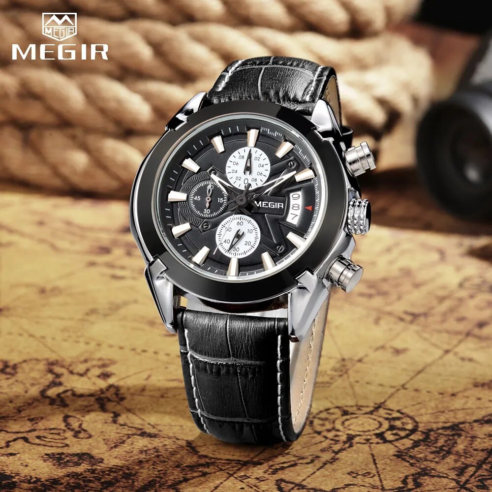 MEGIR Genuine Black Genuine Leather Watches Men Luxury Brand Quartz Watch racing men Students Game Run Chronograph Wristwatches