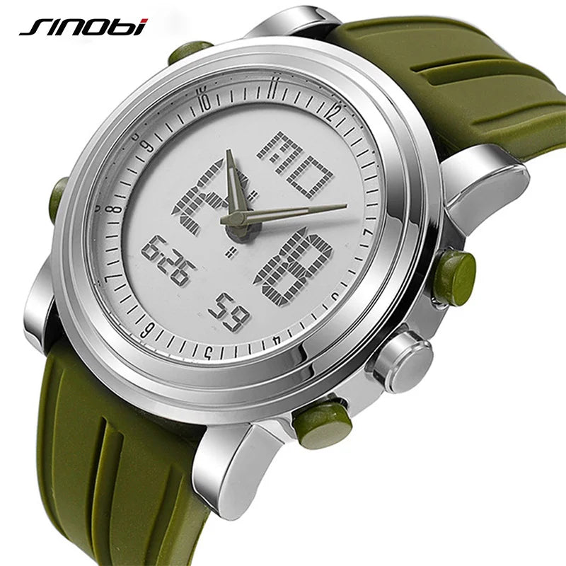 New SINOBI brand Sports Chronograph Men's Wrist Watches Digital Quartz double Movement Waterproof Diving Watchband Males Clock