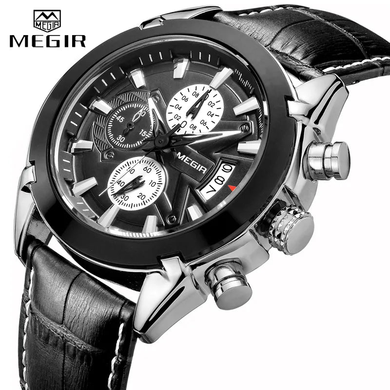 MEGIR Genuine Black Genuine Leather Watches Men Luxury Brand Quartz Watch racing men Students Game Run Chronograph Wristwatches