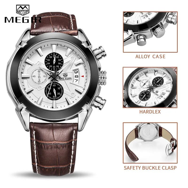 MEGIR Genuine Black Genuine Leather Watches Men Luxury Brand Quartz Watch racing men Students Game Run Chronograph Wristwatches