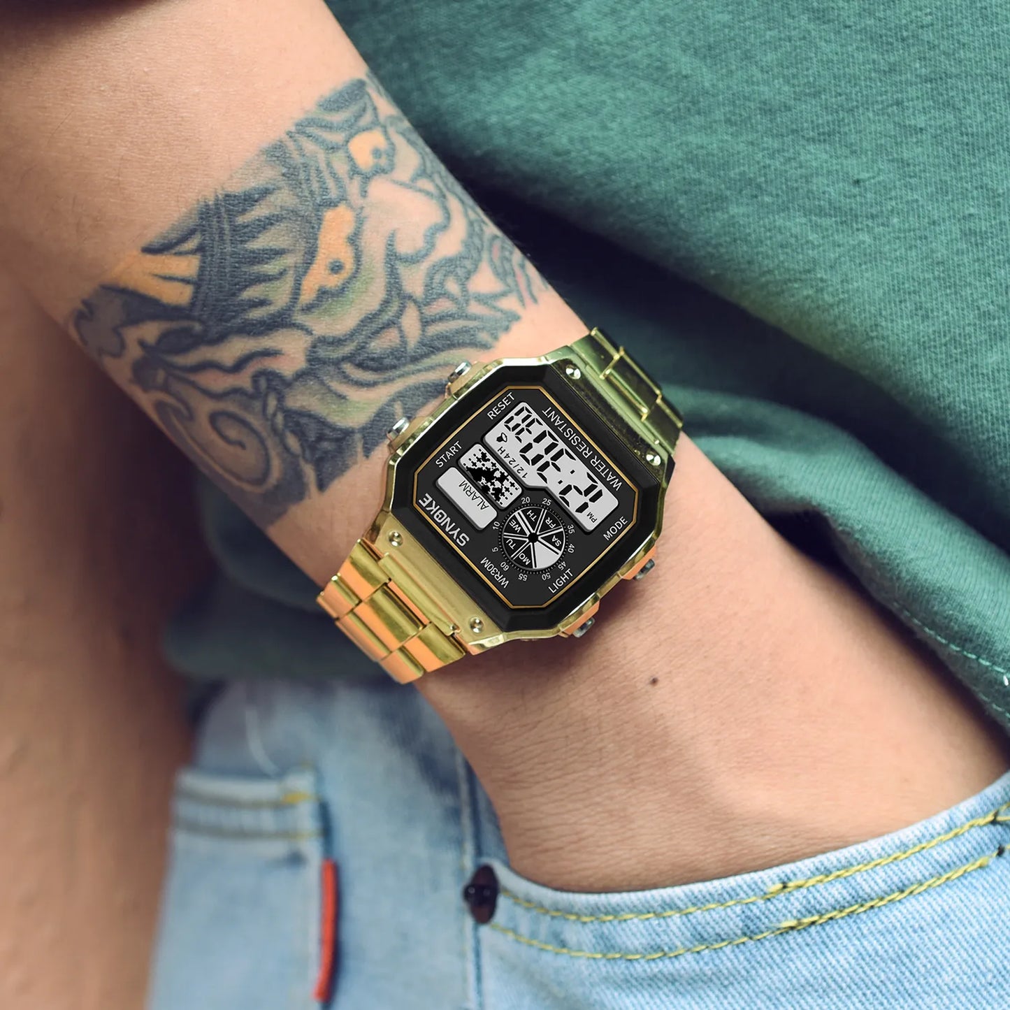 SYNOKE Digital Watch Student Men Colorful Luminous LED Stainless Steel Multi-function Fashion Gold Silver Electronic Watch