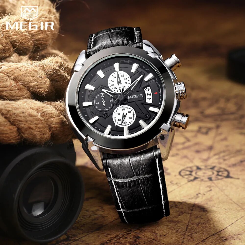 MEGIR Genuine Black Genuine Leather Watches Men Luxury Brand Quartz Watch racing men Students Game Run Chronograph Wristwatches