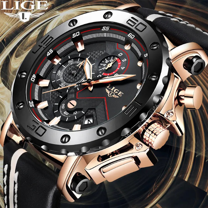 LIGE 2023 New Men Watch Sport Chronograph Top Brand Casual Leather Waterproof Date Quartz Watch for Men Clocks Relogio Masculino