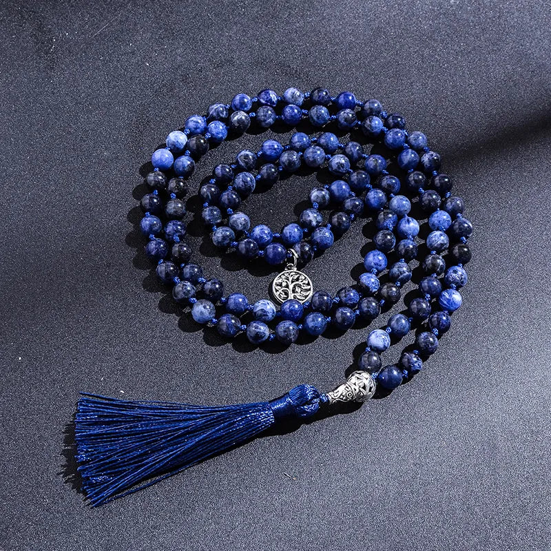 108 Mala Natural Sodalite Lapis Lazuli Handmade Beaded Knot Meditation Yoga Anniversary Big Buddha Head Tassel Long Necklace