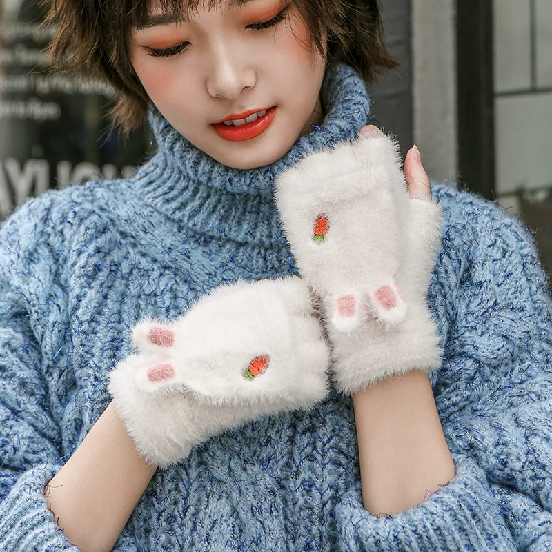 Female Student Writing Finger-Exposed Half Winter Warm Gloves