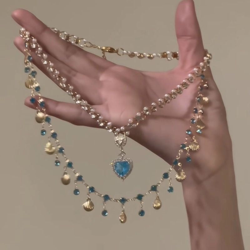 Shell Aquamarine Zircon Tassel Necklace Vintage Clavicle Chain