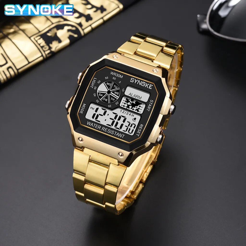 SYNOKE Digital Watch Student Men Colorful Luminous LED Stainless Steel Multi-function Fashion Gold Silver Electronic Watch