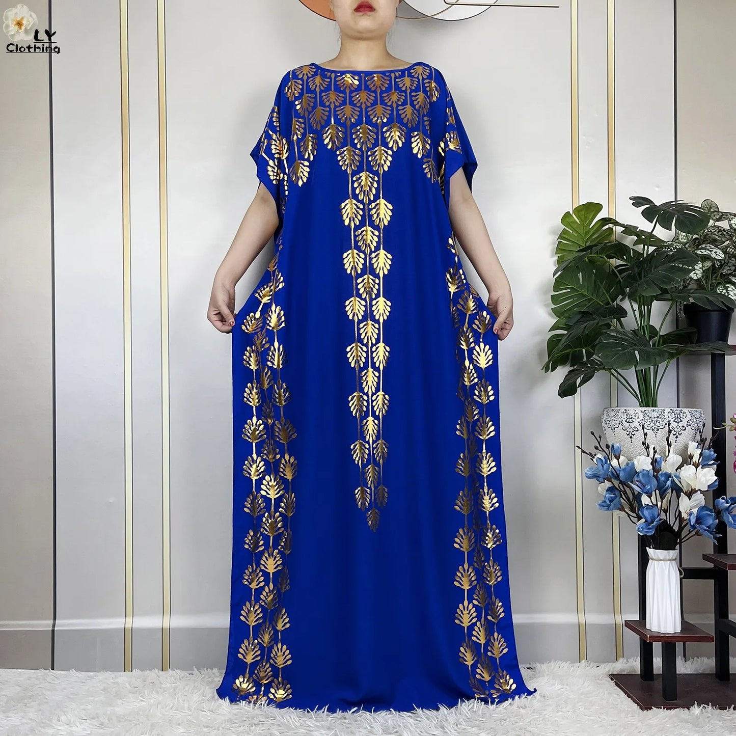 2023 New Summer Loose Short Sleeve Cotton Robe Gold Stamping Boubou Maxi Islam Femme Dress With Big Scarf African Abaya Clothes