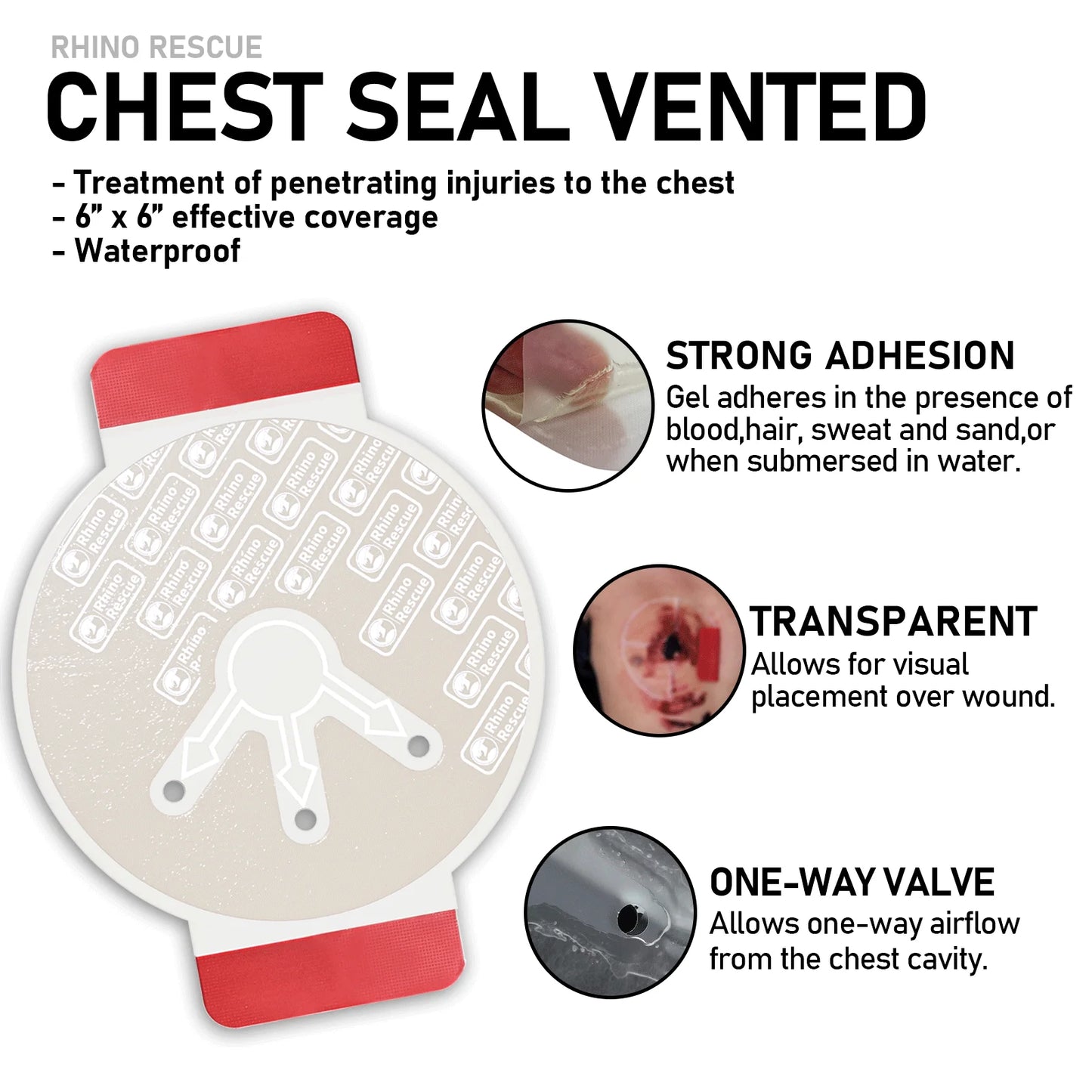 RHINO RESCUE Tactical Chest Seal Vented,Military-Grade Trauma Care for Combat Medics Chest Sealing Patch,IFAK Supplies