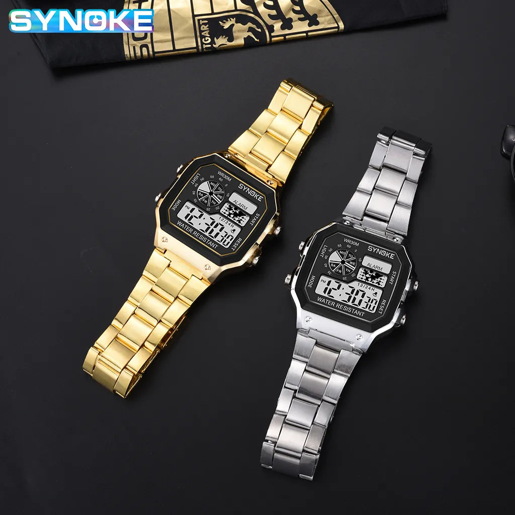 SYNOKE Digital Watch Student Men Colorful Luminous LED Stainless Steel Multi-function Fashion Gold Silver Electronic Watch