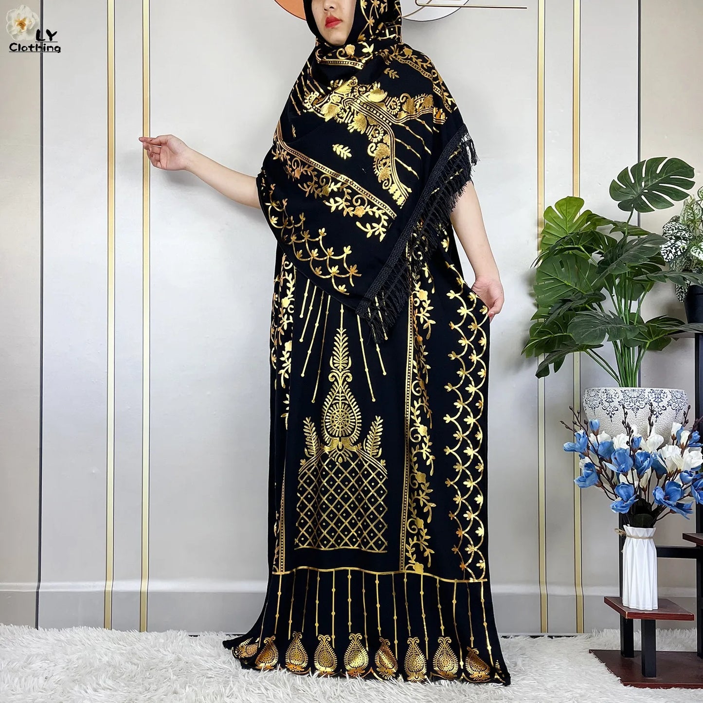 2023 New Muslim Summer Short Sleeve Robe Gold Stamping Boubou Maxi Women Femme Loose Dress With Big Scarf African Abaya Clothes