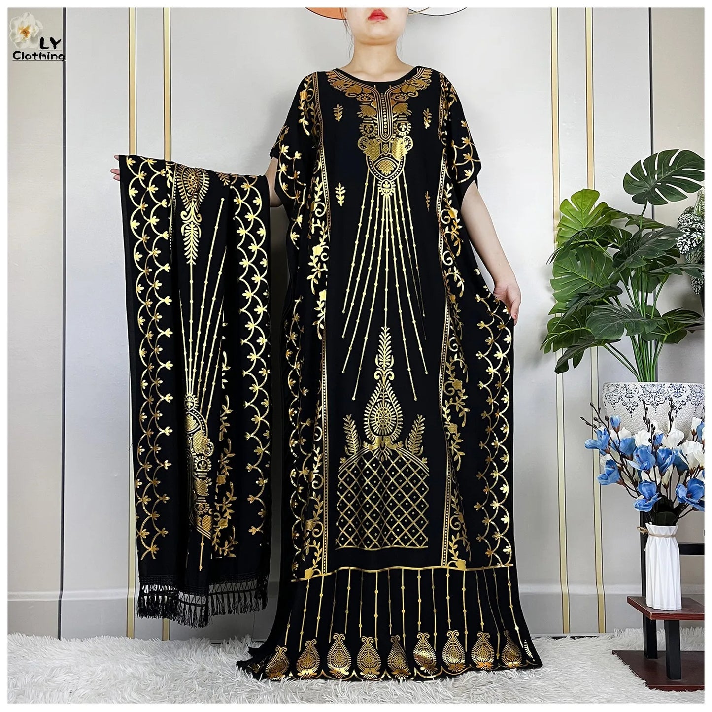 2023 New Muslim Summer Short Sleeve Robe Gold Stamping Boubou Maxi Women Femme Loose Dress With Big Scarf African Abaya Clothes