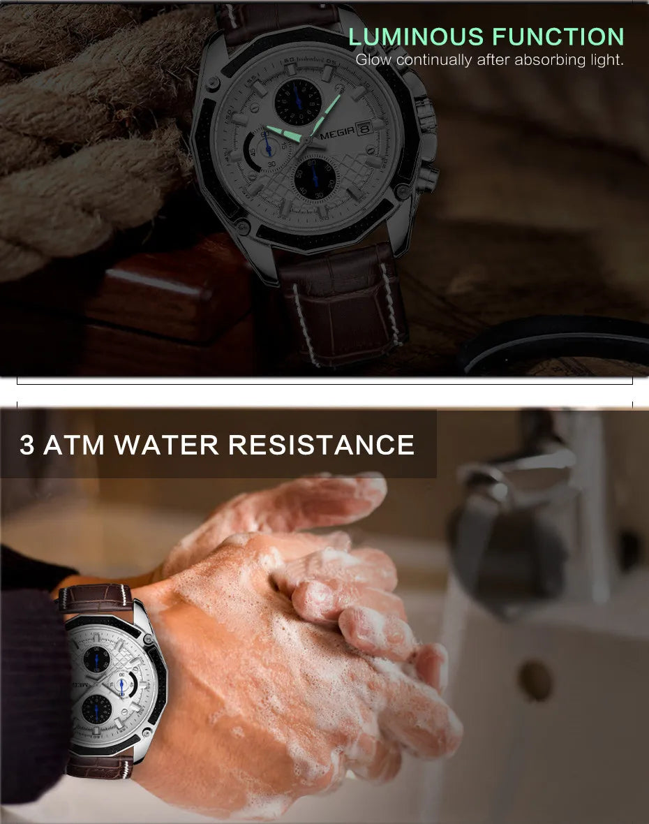 MEGIR Quartz Men Watches Fashion Leather Male Sport Chronograph Watch Clock for Male Students Wristwatch Calendar Reloj Hombre