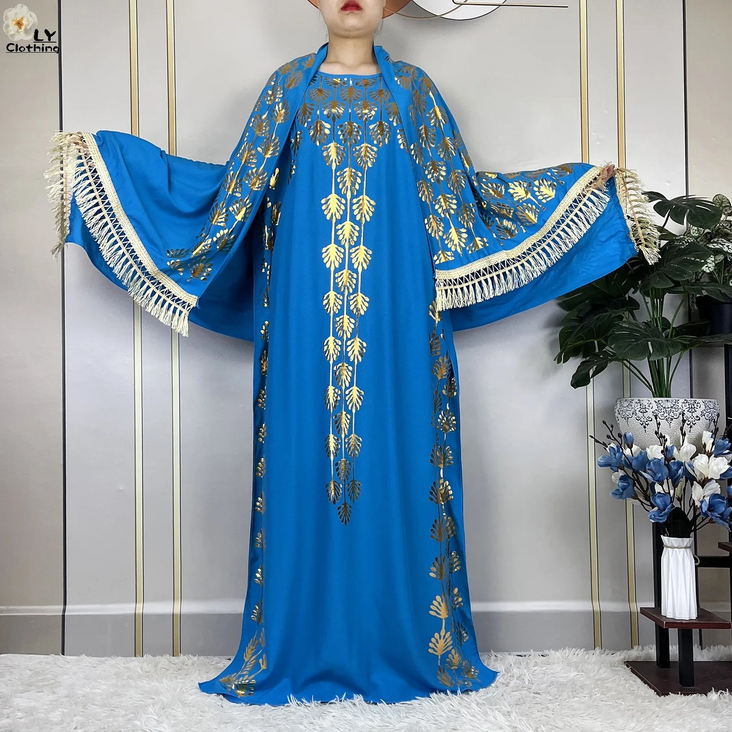 2023 New Summer Loose Short Sleeve Cotton Robe Gold Stamping Boubou Maxi Islam Femme Dress With Big Scarf African Abaya Clothes