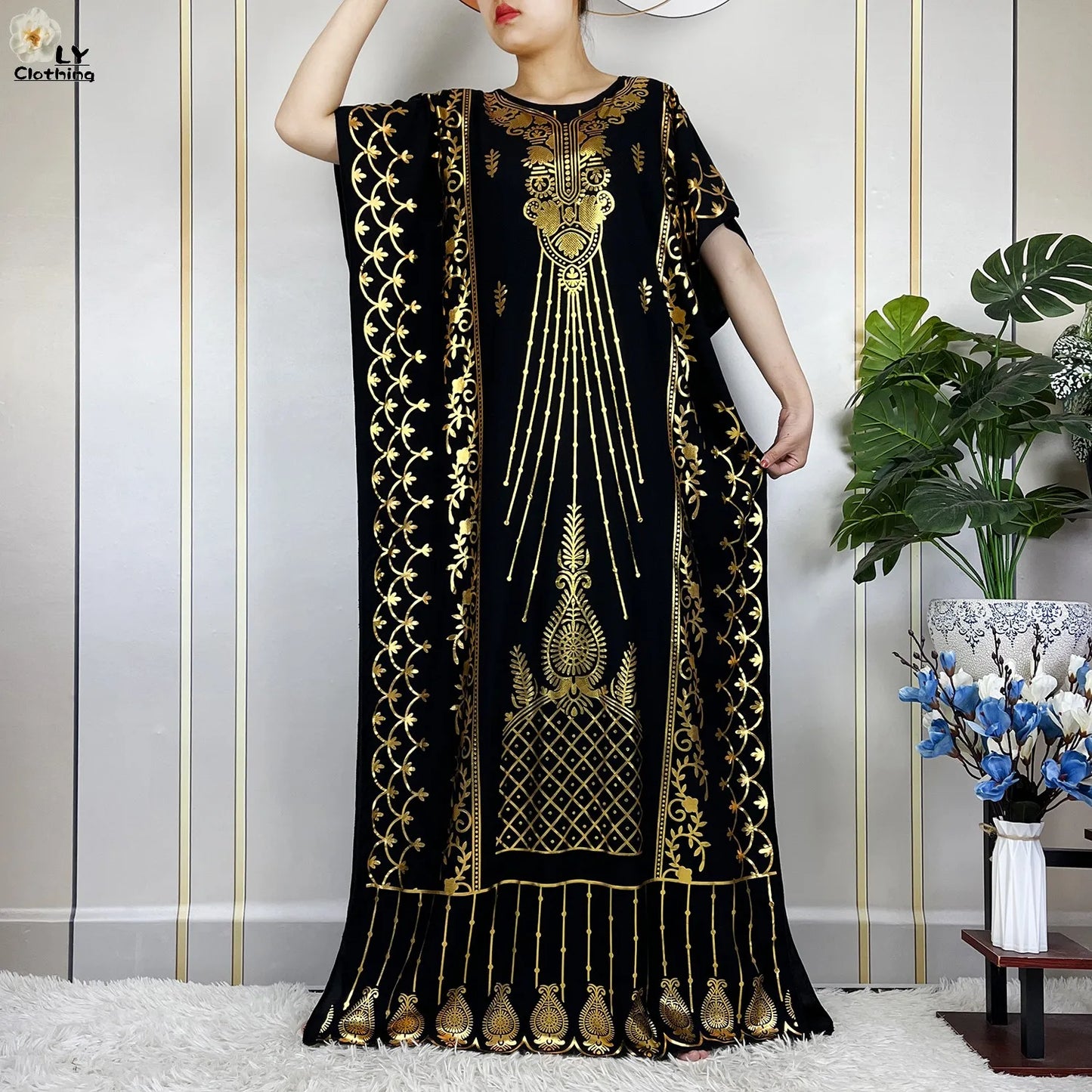 2023 New Muslim Summer Short Sleeve Robe Gold Stamping Boubou Maxi Women Femme Loose Dress With Big Scarf African Abaya Clothes