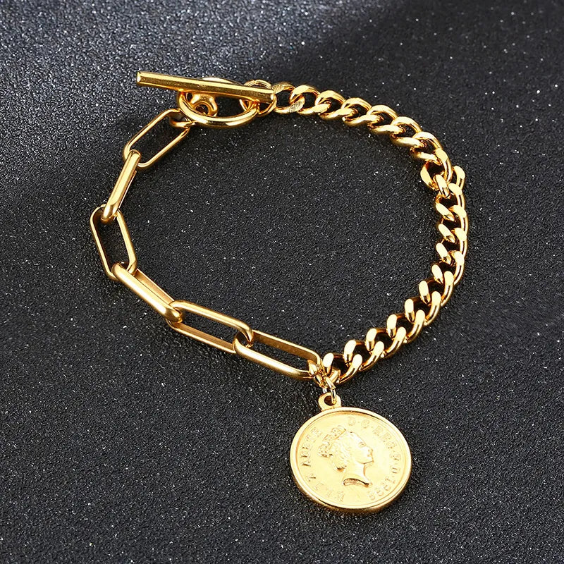 Elizabeth Medallion Queen Coin Bracelet Charm Taggle Clasps Stainless Steel Rectangle Chain with Curb link Chunky Bracelet