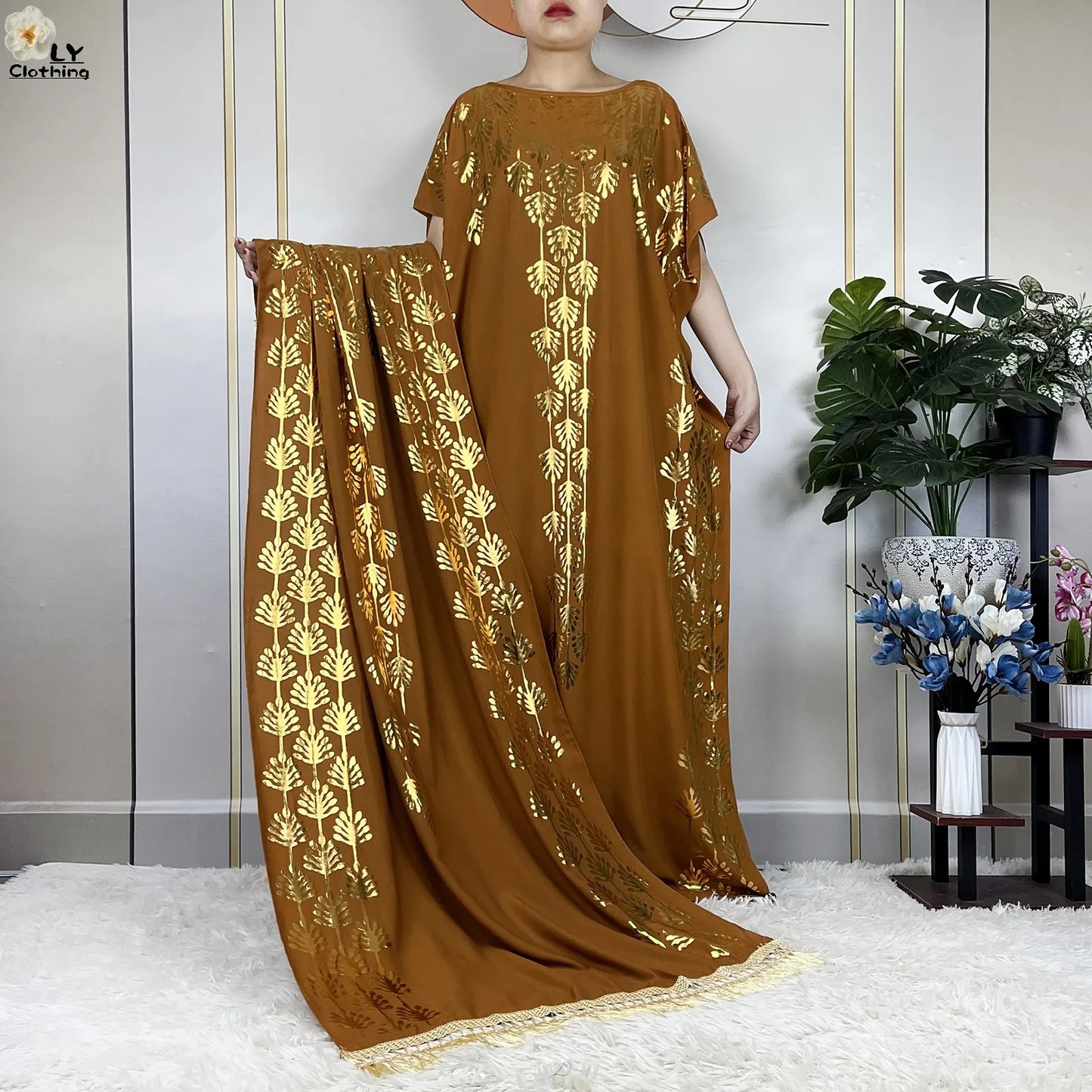 2023 New Summer Loose Short Sleeve Cotton Robe Gold Stamping Boubou Maxi Islam Femme Dress With Big Scarf African Abaya Clothes