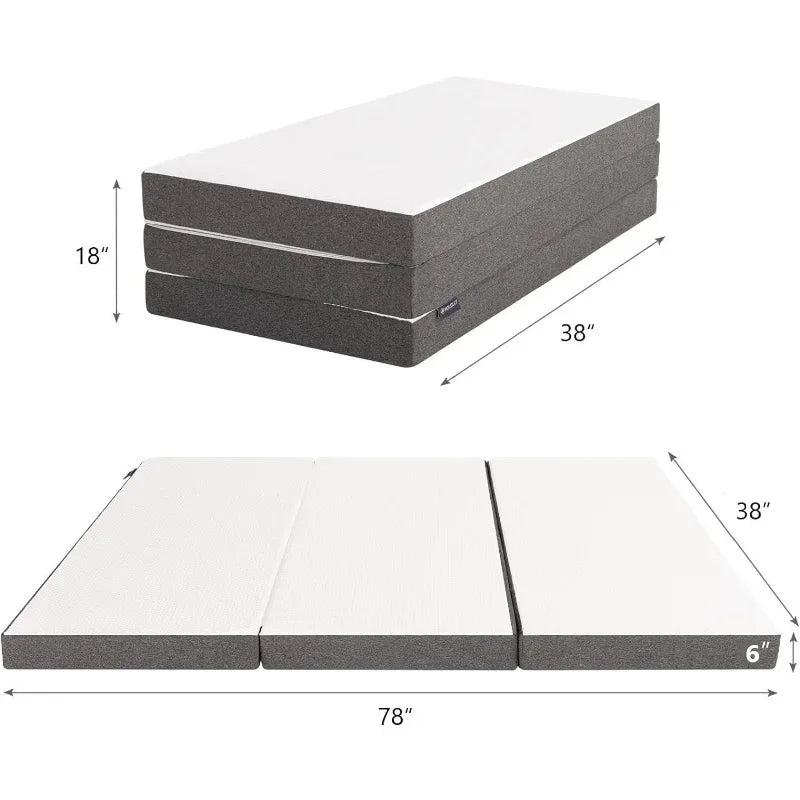 Molblly Folding Mattress, 6 inch Tri-Folding Memory Form Portable Trifold Mattress Topper with Washable Cover