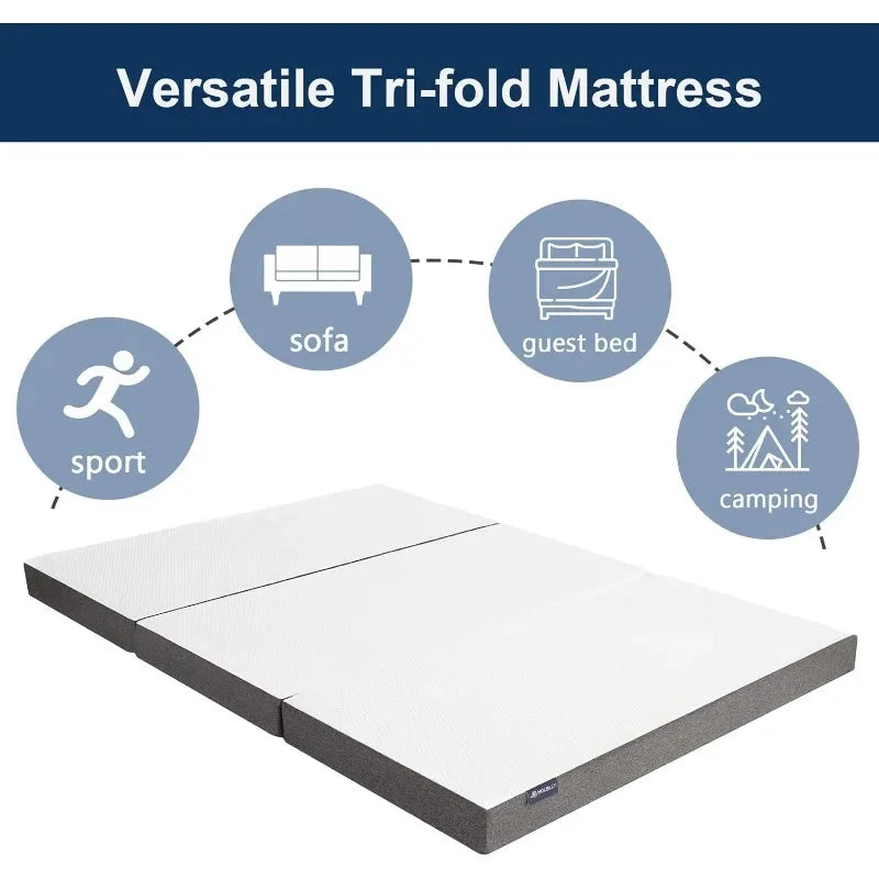 Molblly Folding Mattress, 6 inch Tri-Folding Memory Form Portable Trifold Mattress Topper with Washable Cover