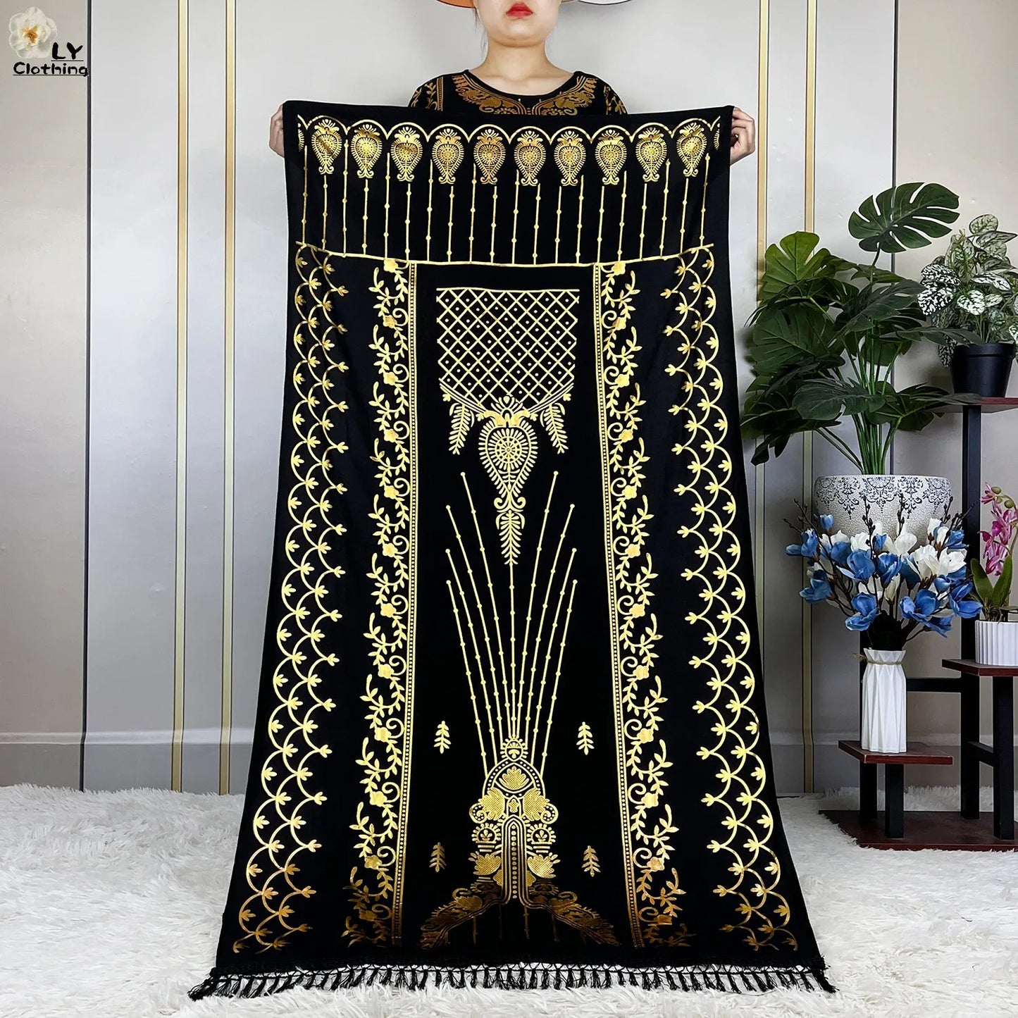 2023 New Muslim Summer Short Sleeve Robe Gold Stamping Boubou Maxi Women Femme Loose Dress With Big Scarf African Abaya Clothes