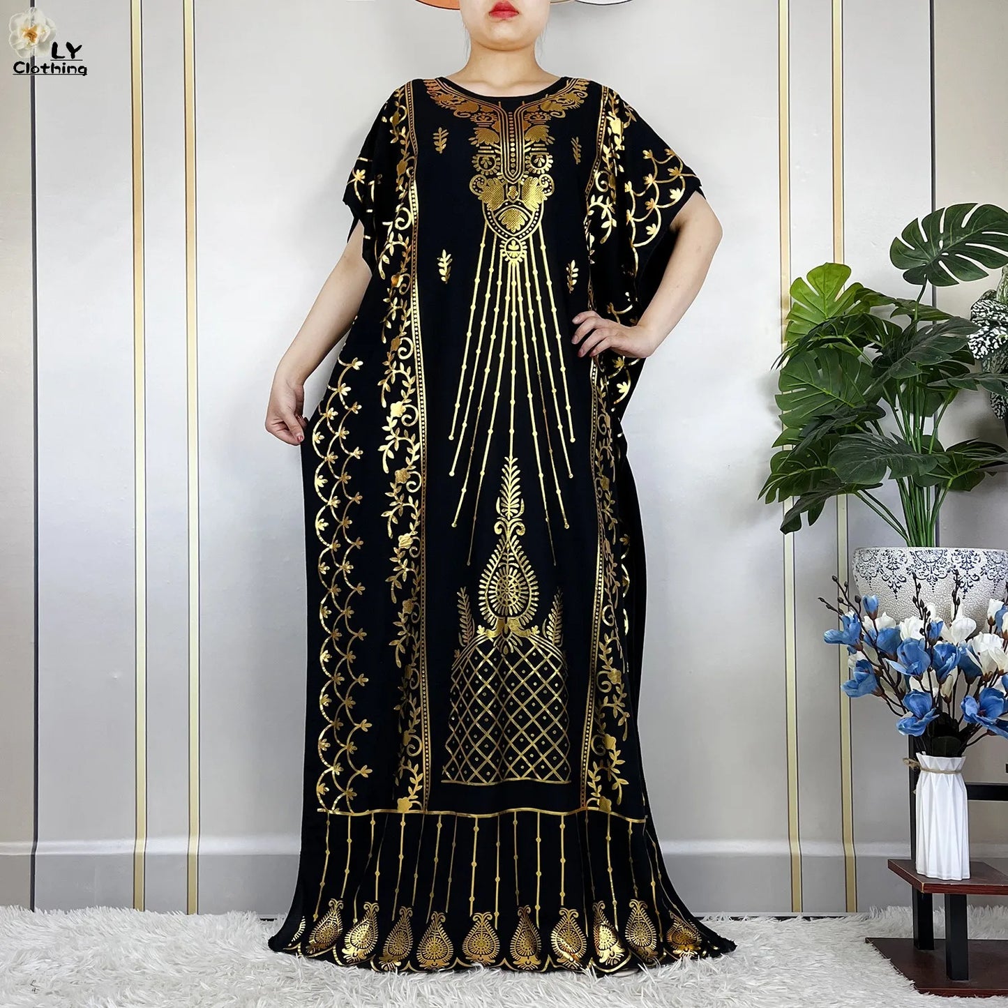2023 New Muslim Summer Short Sleeve Robe Gold Stamping Boubou Maxi Women Femme Loose Dress With Big Scarf African Abaya Clothes