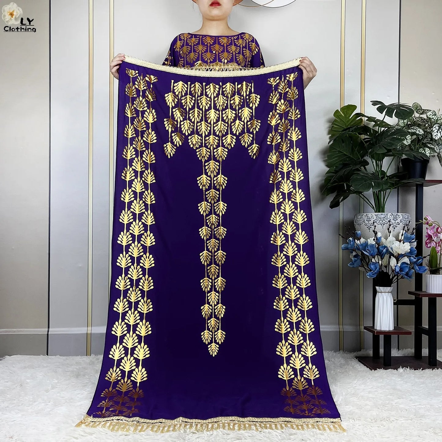 2023 New Summer Loose Short Sleeve Cotton Robe Gold Stamping Boubou Maxi Islam Femme Dress With Big Scarf African Abaya Clothes