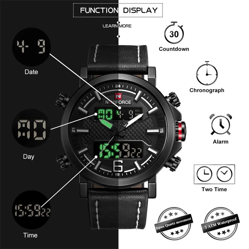 NAVIFORCE Mens Sports Watches Men Quartz LED Digital Clock Top Brand Luxury Male Fashion Leather Waterproof Military Wrist Watch