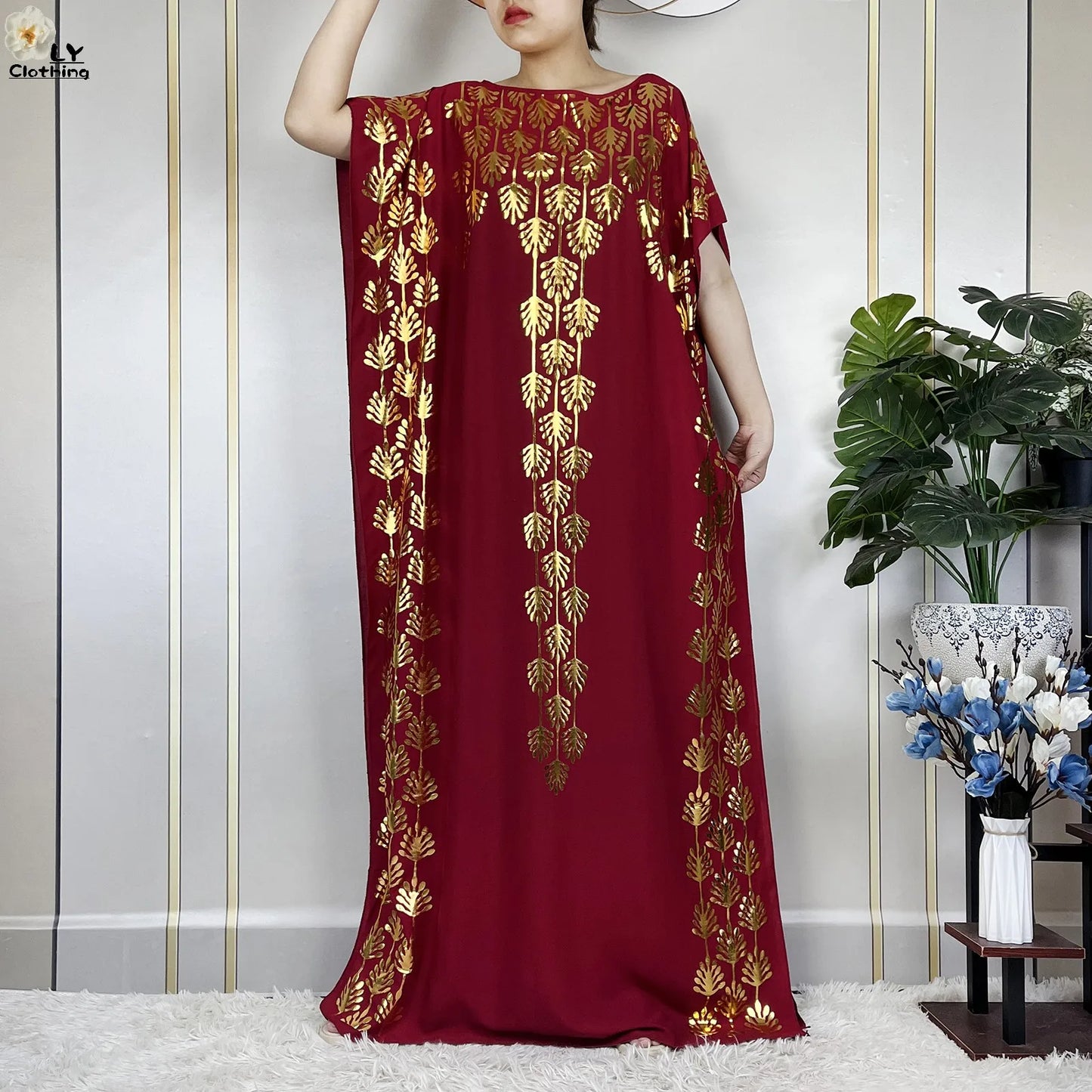 2023 New Summer Loose Short Sleeve Cotton Robe Gold Stamping Boubou Maxi Islam Femme Dress With Big Scarf African Abaya Clothes