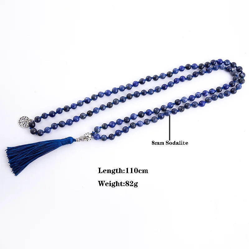 108 Mala Natural Sodalite Lapis Lazuli Handmade Beaded Knot Meditation Yoga Anniversary Big Buddha Head Tassel Long Necklace