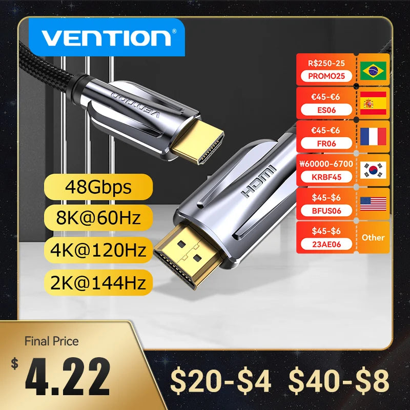 Vention HDMI 2.1 Cable 8K/60Hz 4K/120Hz 48Gbps HDMI Digital Cables Splitter for Xiaomi TV Box HDR10+ PS5 Switch Cable HDMI 2.1
