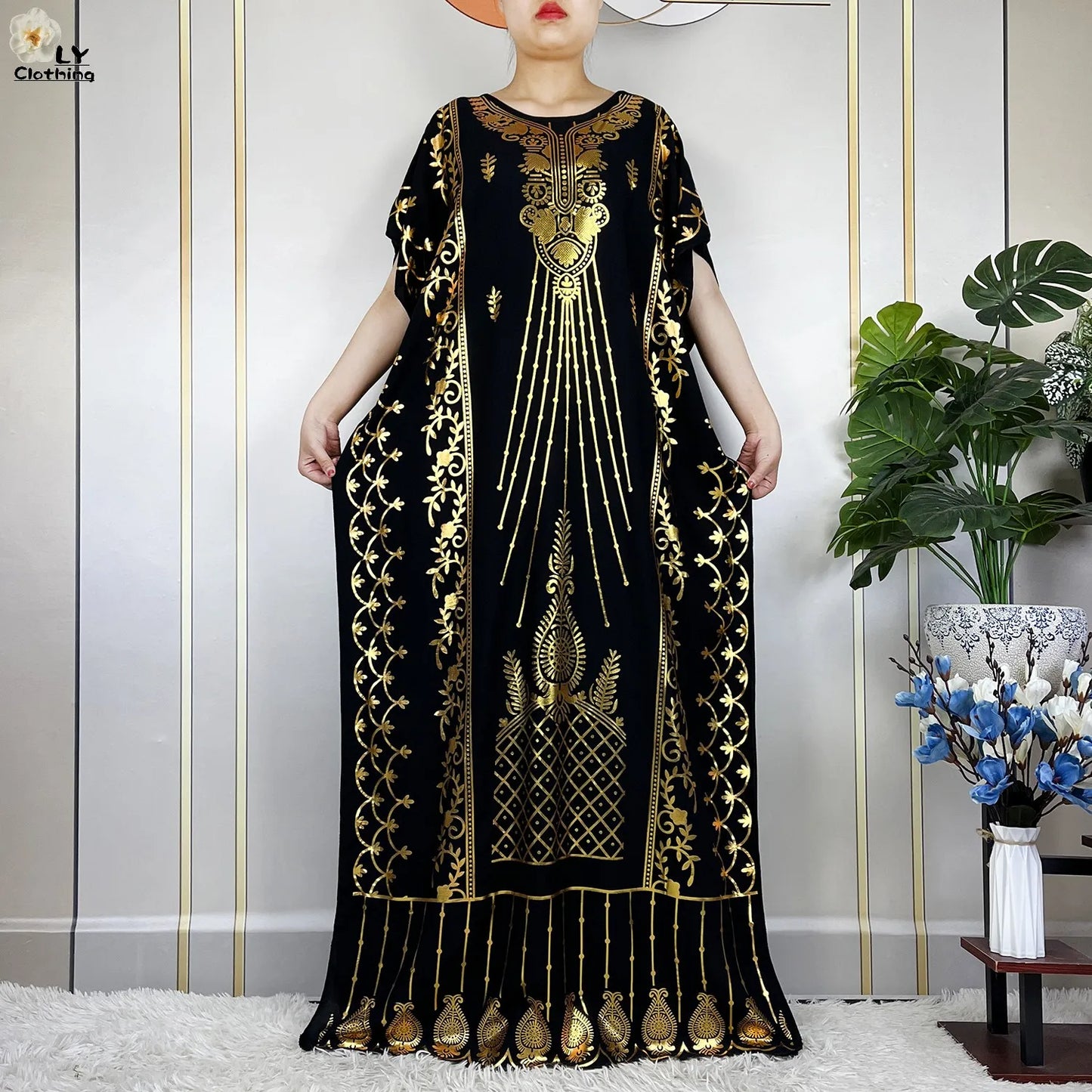 2023 New Muslim Summer Short Sleeve Robe Gold Stamping Boubou Maxi Women Femme Loose Dress With Big Scarf African Abaya Clothes