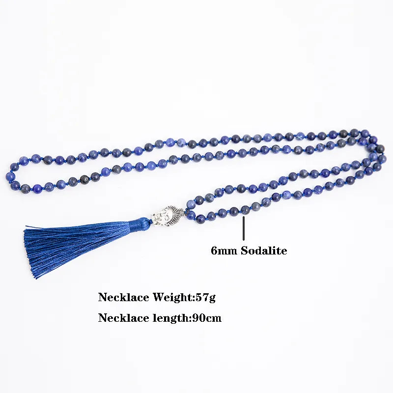 108 Mala Natural Sodalite Lapis Lazuli Handmade Beaded Knot Meditation Yoga Anniversary Big Buddha Head Tassel Long Necklace