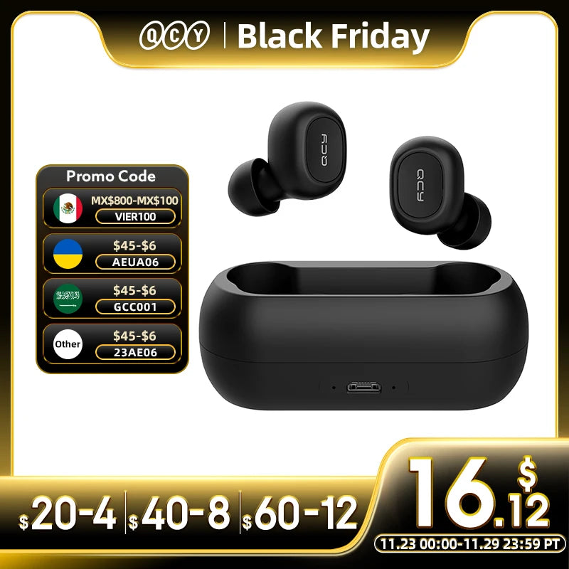 QCY T1C Bluetooth 5.0 Earphones Wireless 3D Stereo TWS Headphones with Dual Microphones Headset HD Call Earbuds Customizing APP