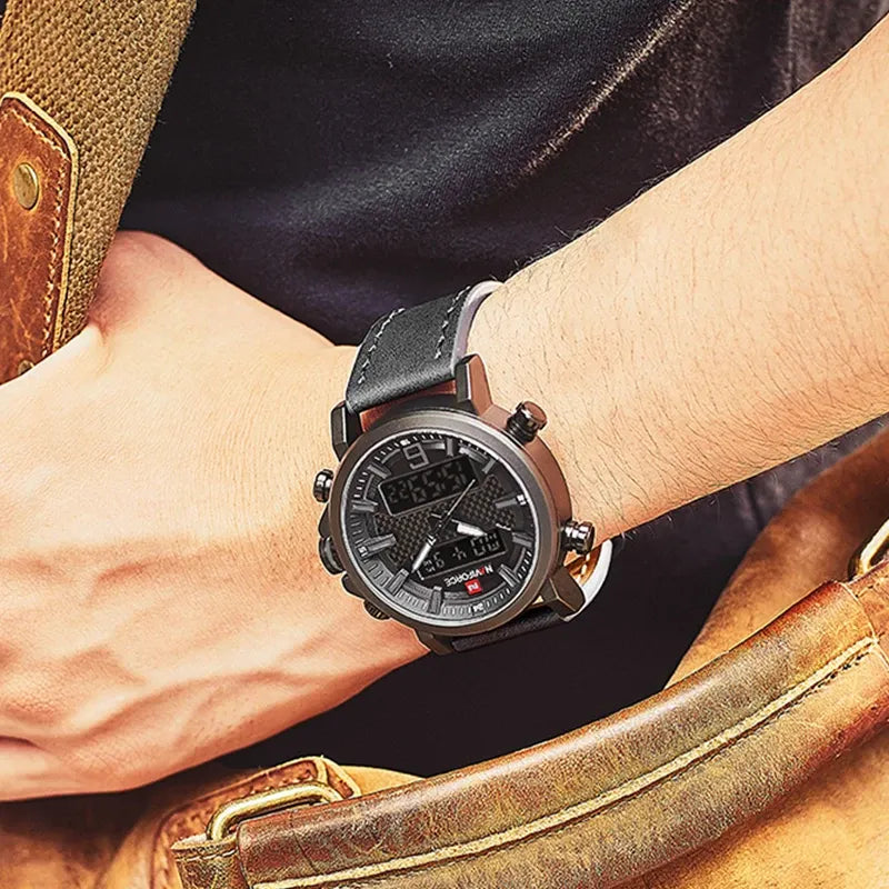 NAVIFORCE Mens Sports Watches Men Quartz LED Digital Clock Top Brand Luxury Male Fashion Leather Waterproof Military Wrist Watch