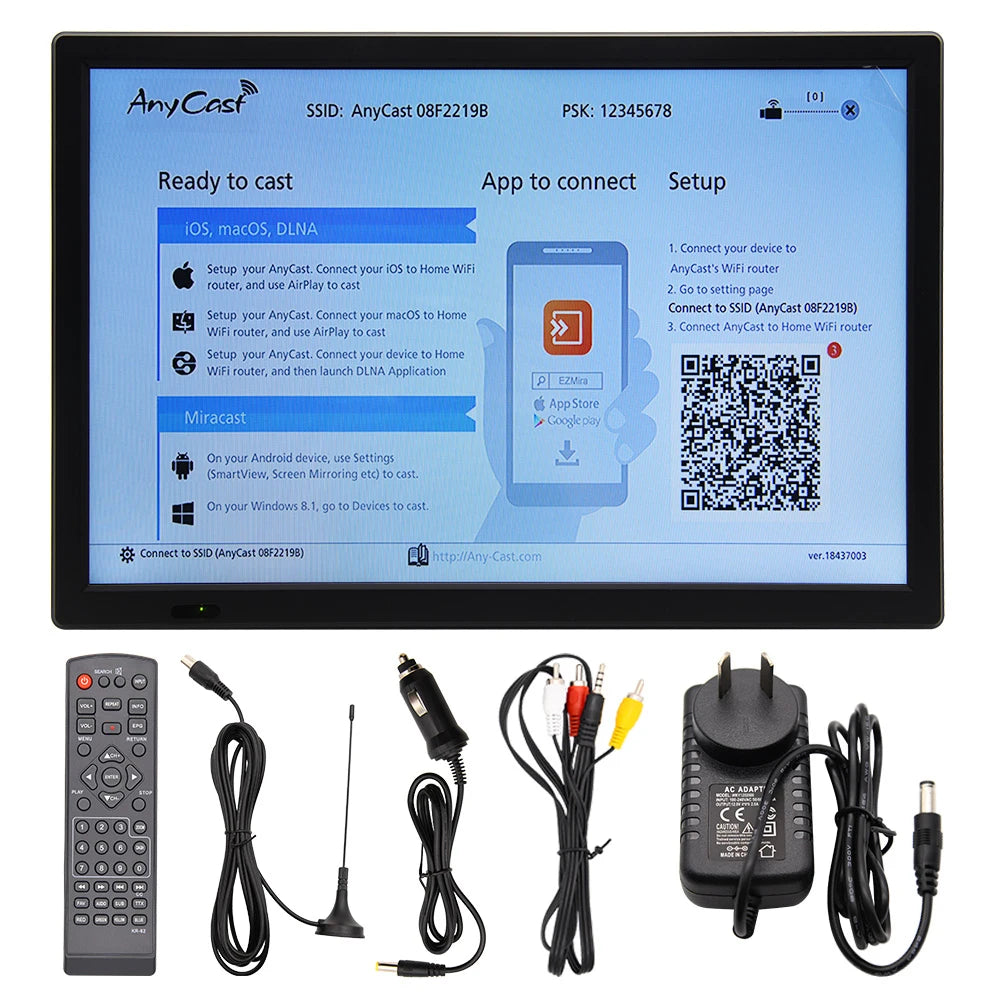 15.4" Portable Car TV Digital Television DVB-T2 ATSC ISDB-T Digital Analog TV Wireless Screen Share Miracast HDMI Video Player