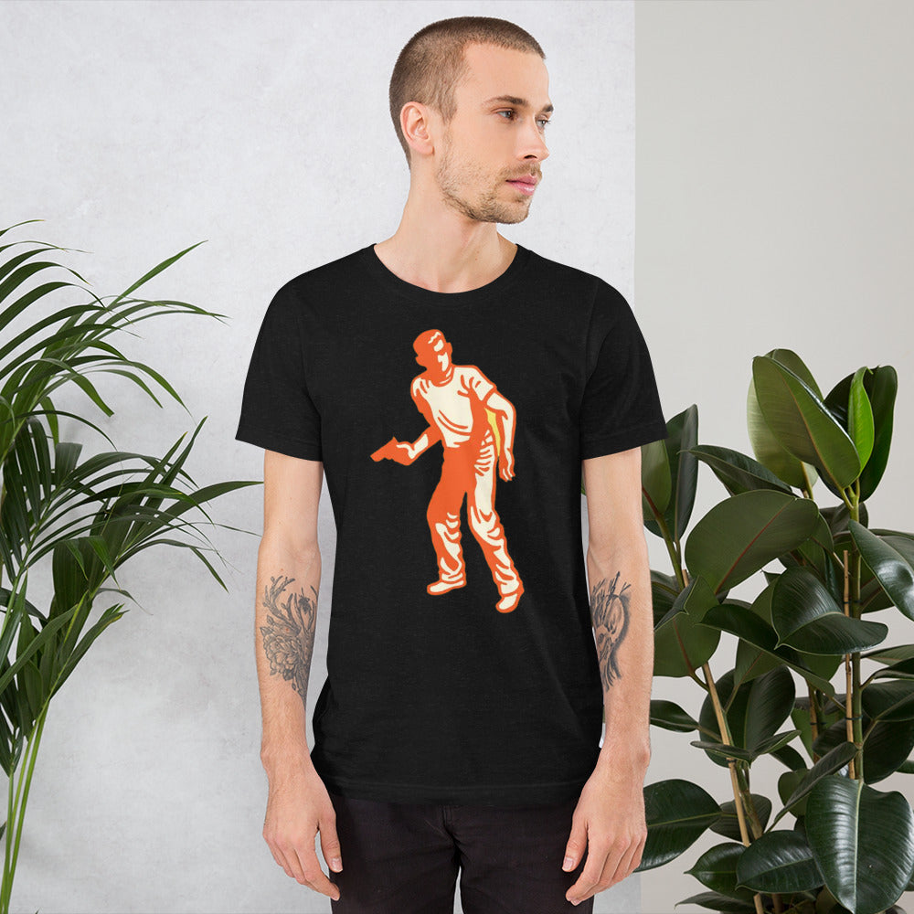 Man with gun t-shirt