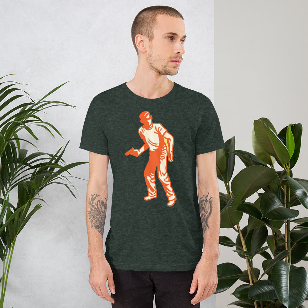 Man with gun t-shirt