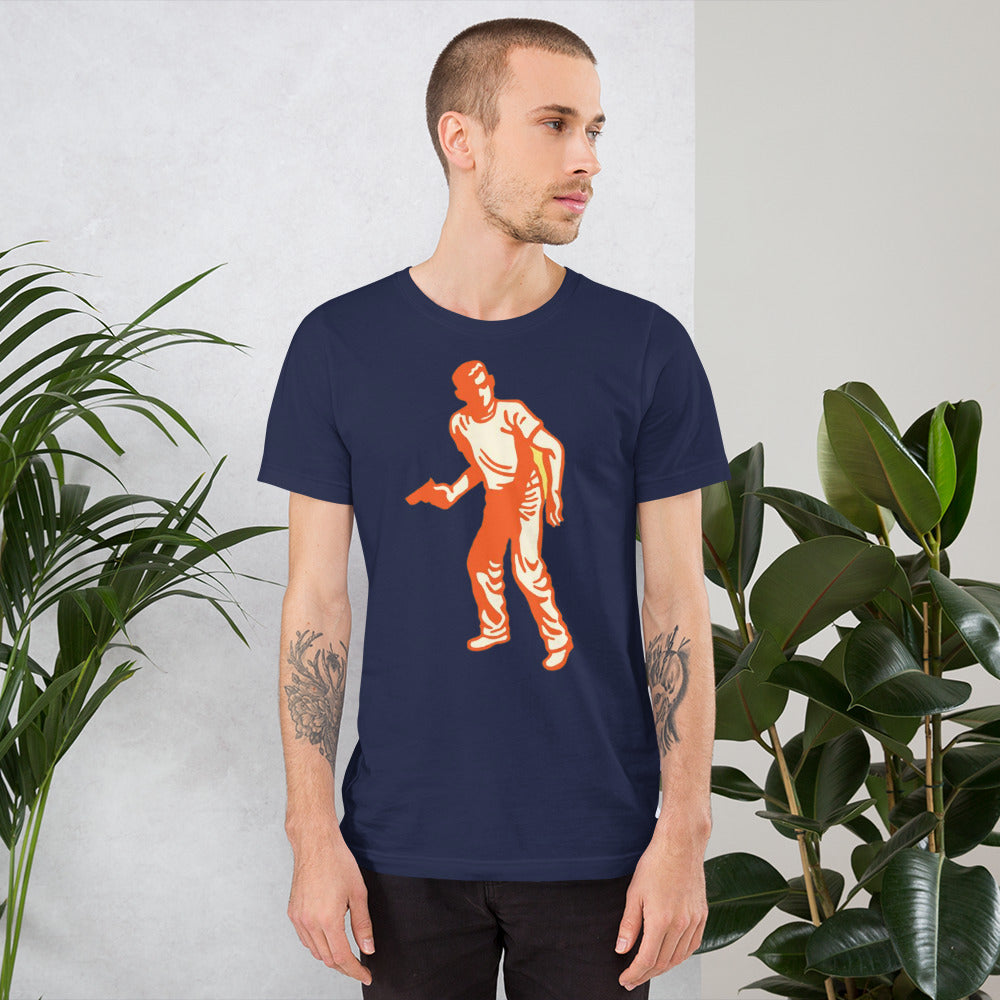 Man with gun t-shirt