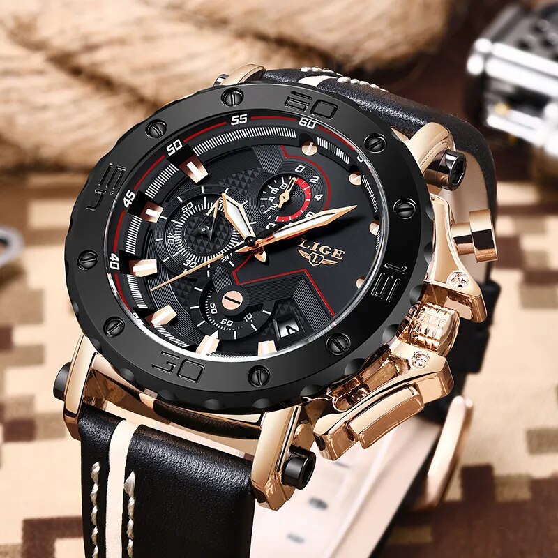 LIGE 2023 New Men Watch Sport Chronograph Top Brand Casual Leather Waterproof Date Quartz Watch for Men Clocks Relogio Masculino