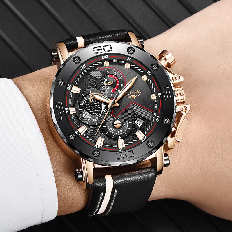 LIGE 2023 New Men Watch Sport Chronograph Top Brand Casual Leather Waterproof Date Quartz Watch for Men Clocks Relogio Masculino