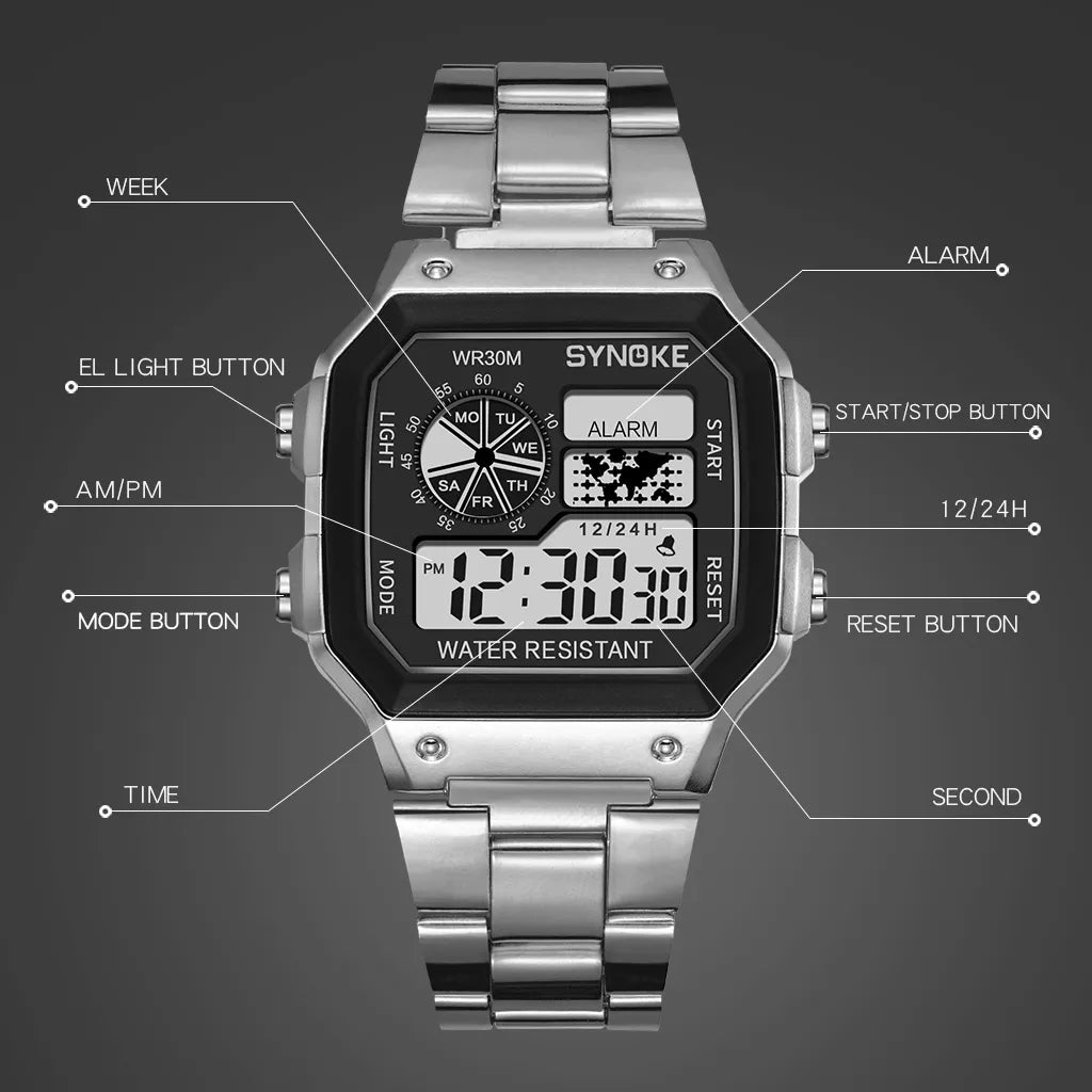 SYNOKE Digital Watch Student Men Colorful Luminous LED Stainless Steel Multi-function Fashion Gold Silver Electronic Watch
