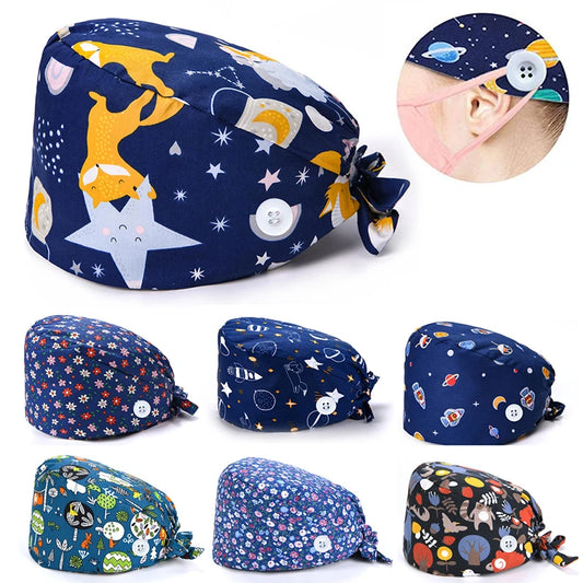 Unisex Surgery Caps Pharmacy Nursing Dentist Hats Pet Clinic Doctor Nurse Hat Cotton Veterinary Room Surgicals Button Hat